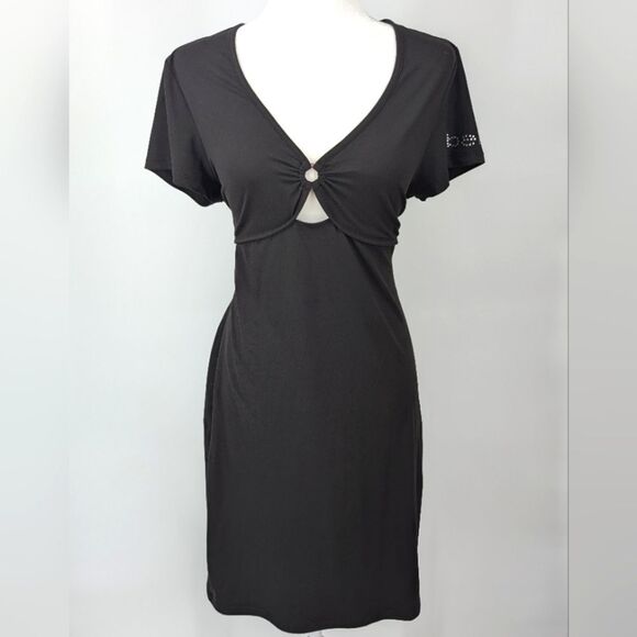 Bebe Vintage Y2K Black Short Sleeve Cutout T-shirt Dress Rhinestone Logo X-Large - Picture 1 of 9